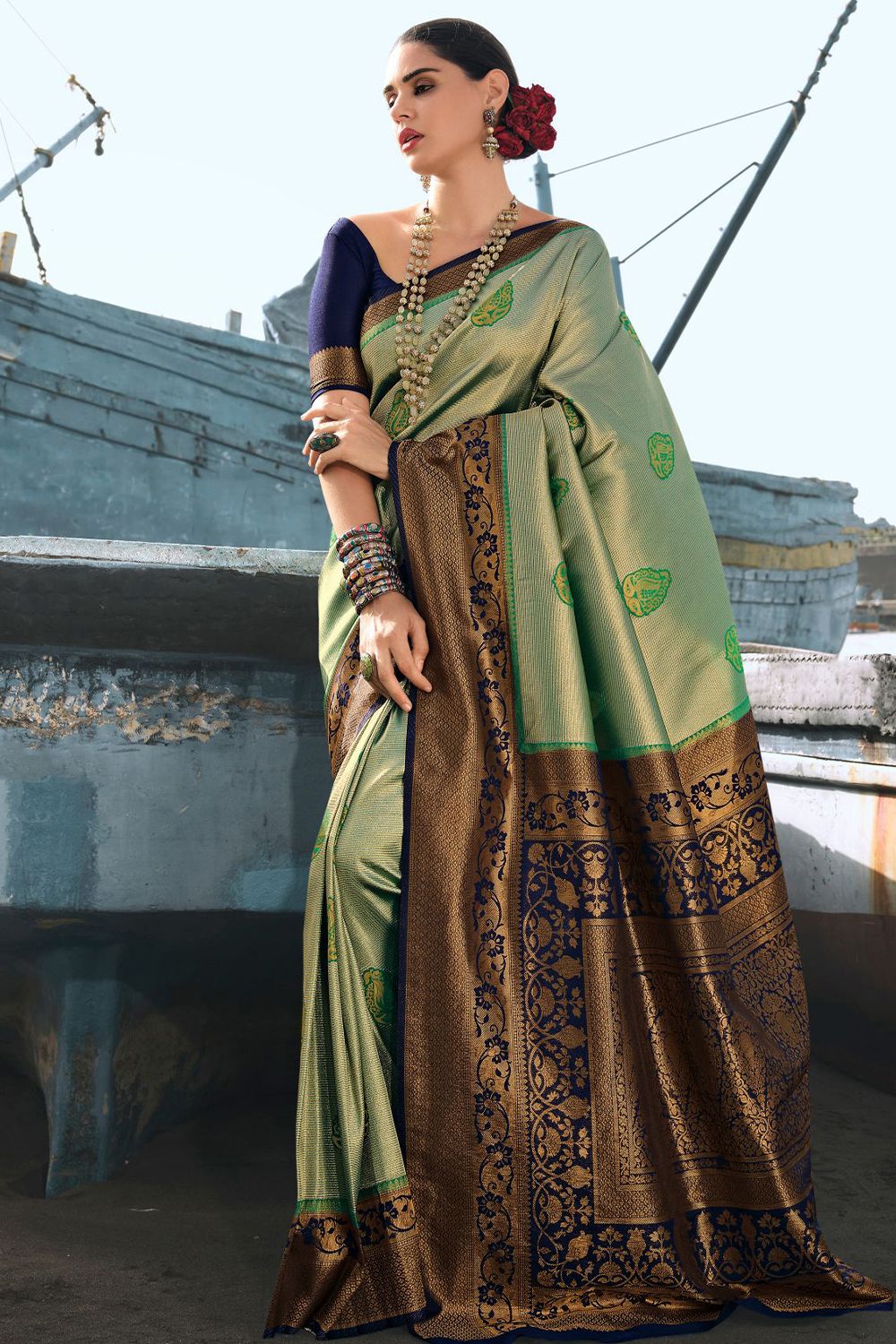 Sage Green Woven Silk Saree With Blue Border