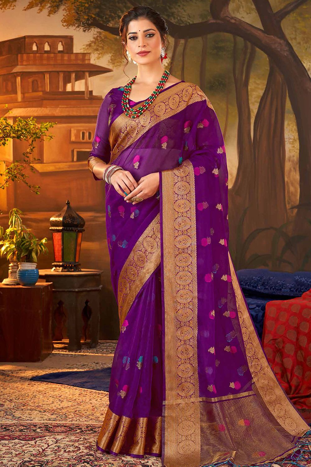Plum Purple Woven Organza Broad Border Saree