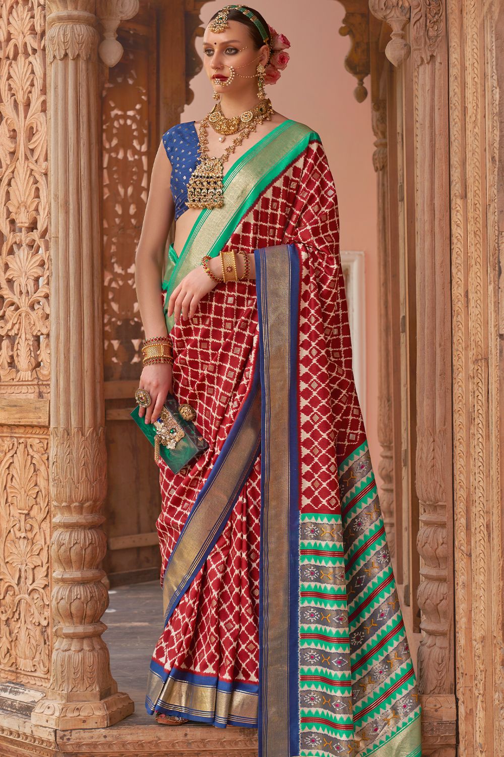 Tango Red Printed Broad Border Silk Saree