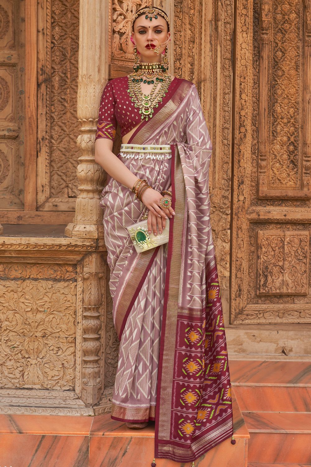 Light Mauve Printed Broad Border Silk Saree