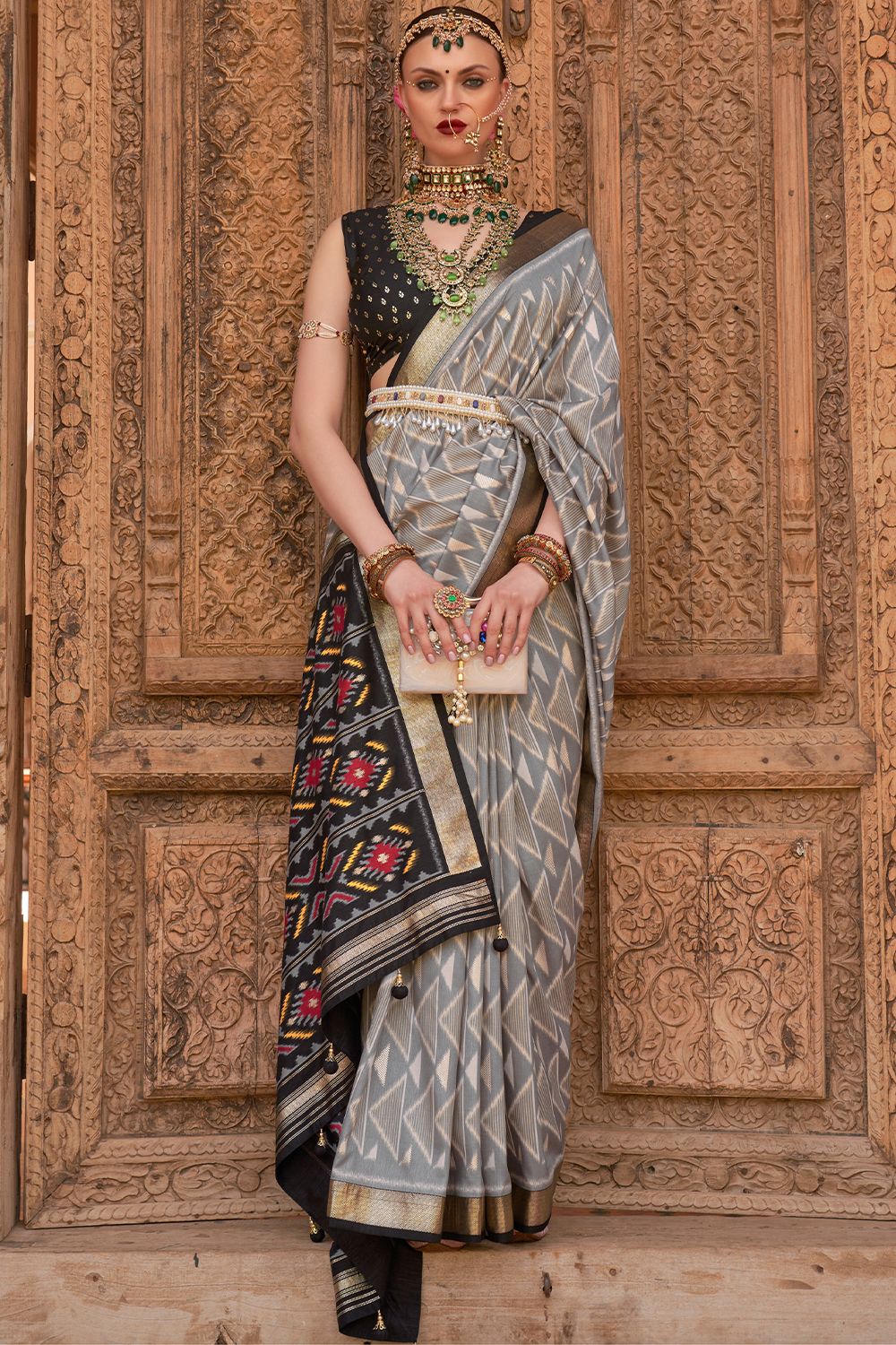 Grey Printed Broad Border Silk Saree