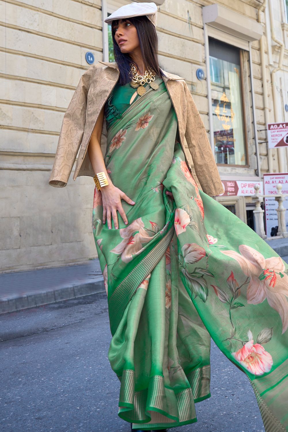 Pistachio Green Organza Floral Print Saree