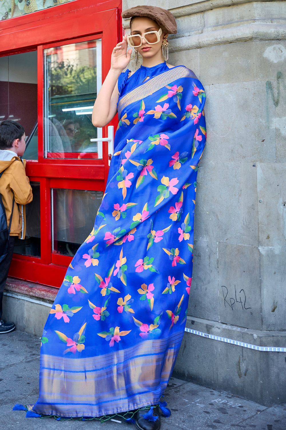 Blue Organza Floral Print Saree