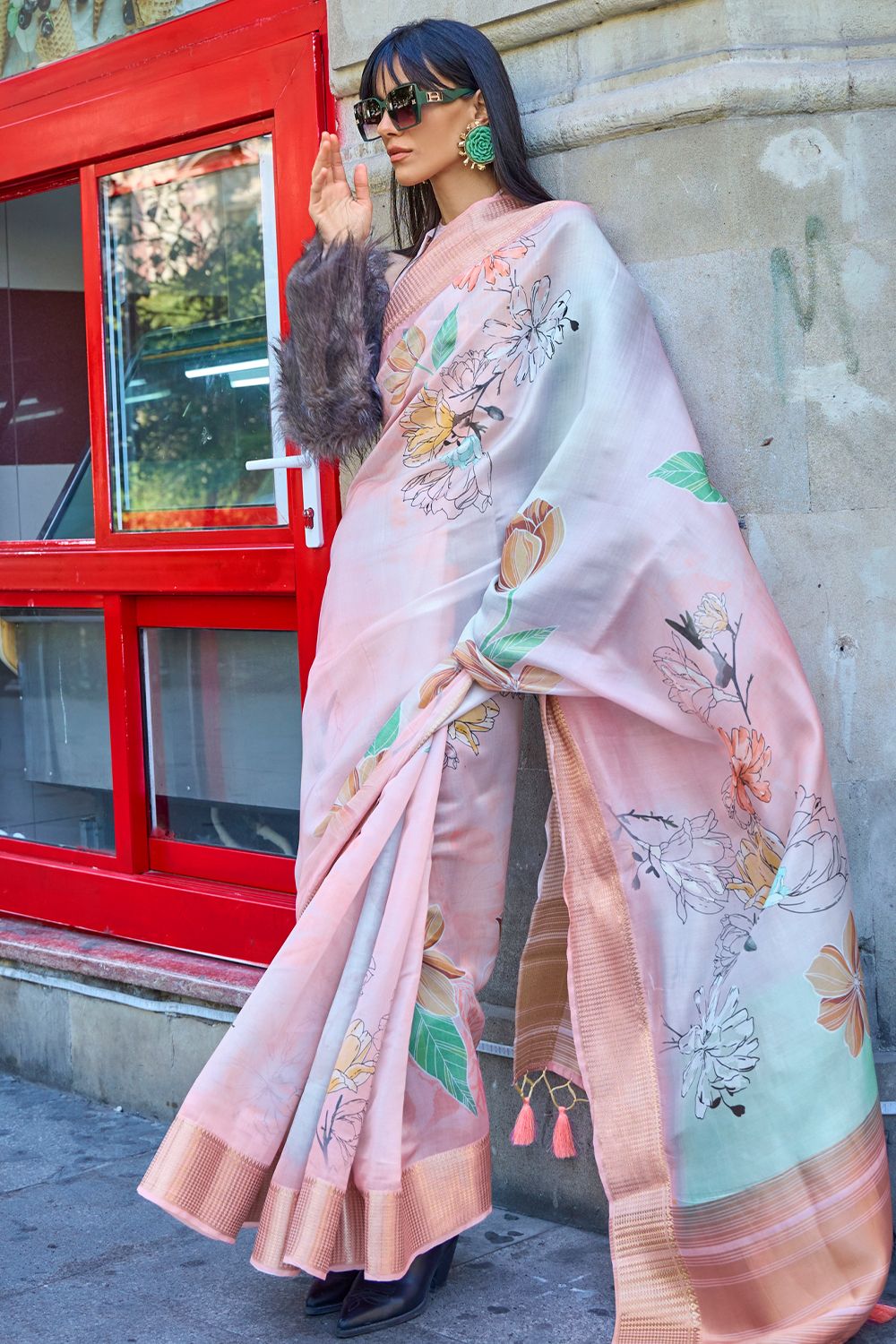 Creamy Pink Organza Floral Print Saree