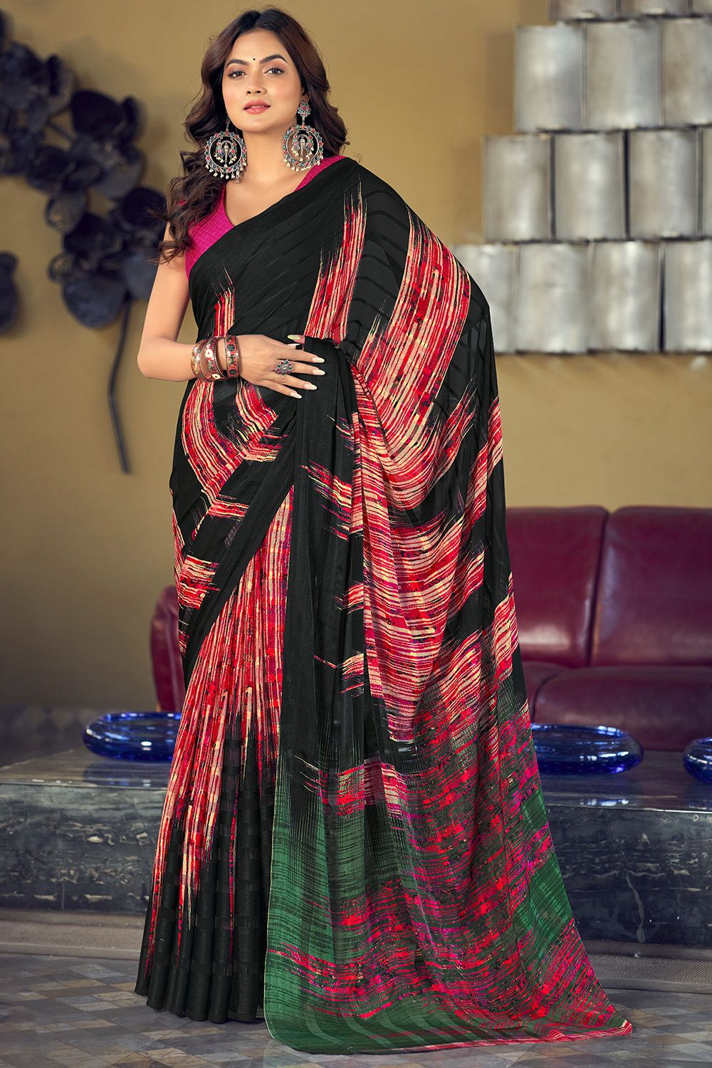 Black Multicolor Printed Silk Saree