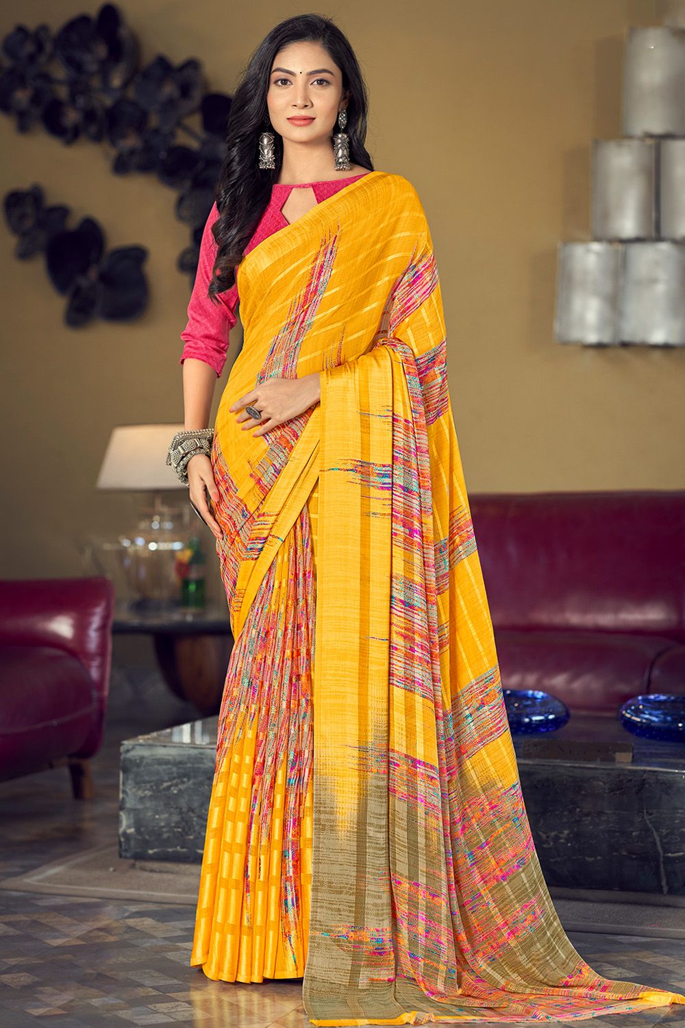 Mustard Yellow Multicolor Printed Silk Saree