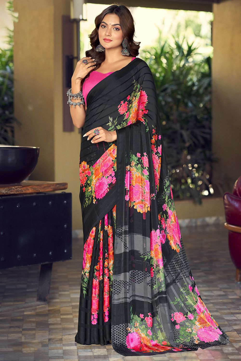 Black Floral Printed Silk Saree