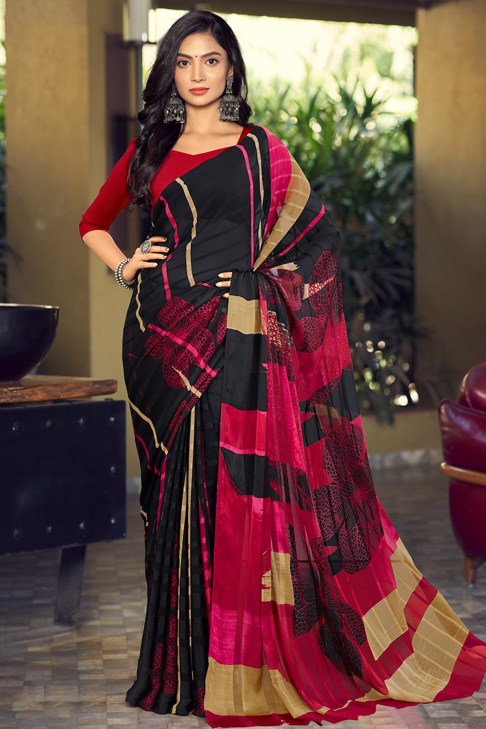 Black Printed Saree in Silk