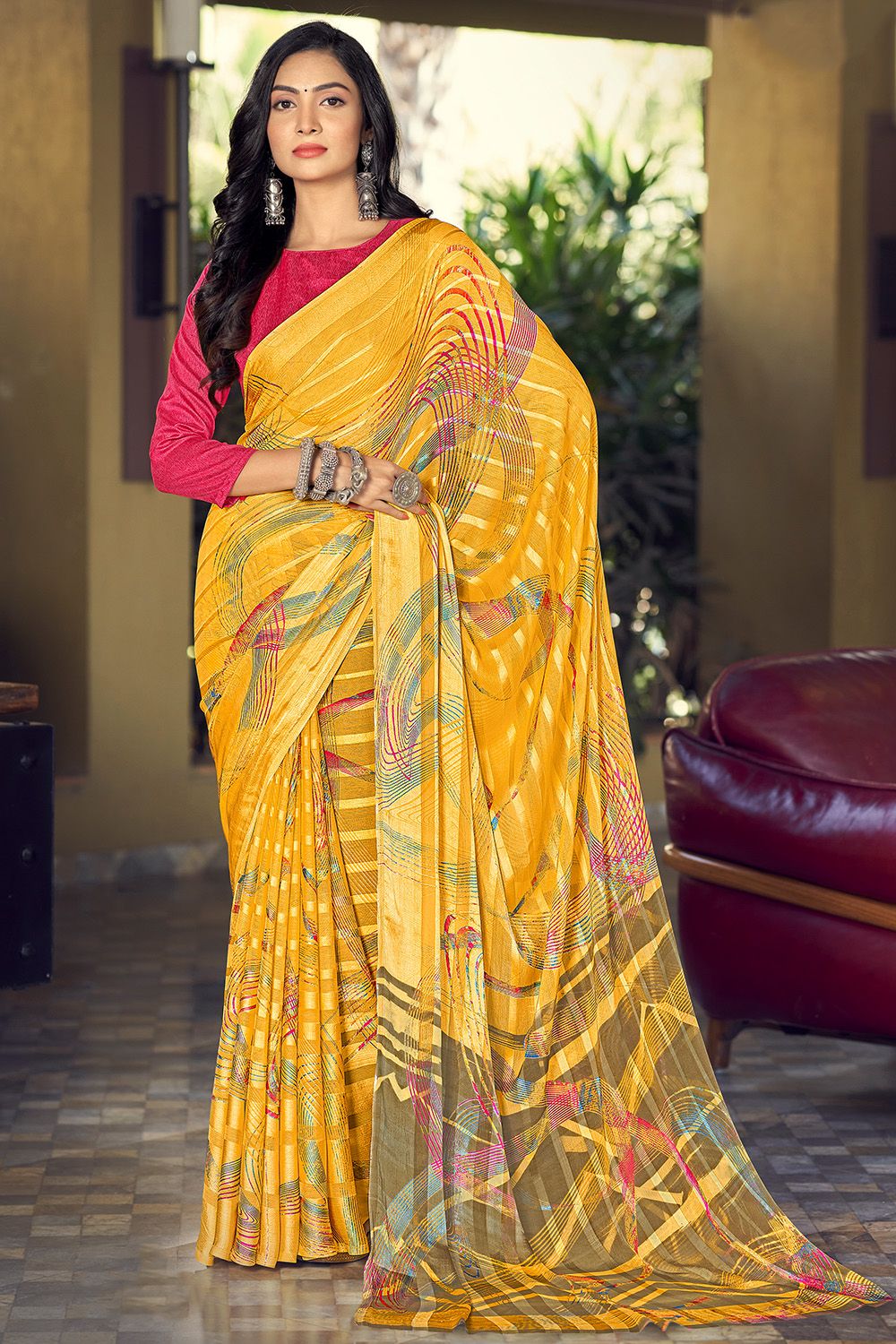 Yellow Abstract Printed Silk Saree