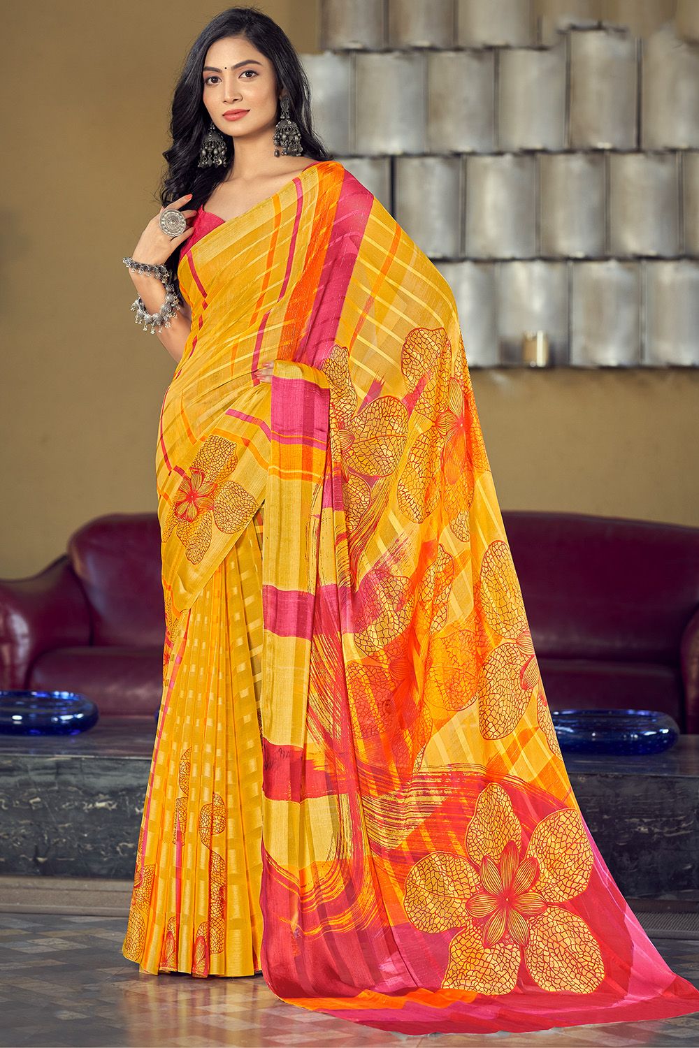 Yellow Printed Saree in Silk