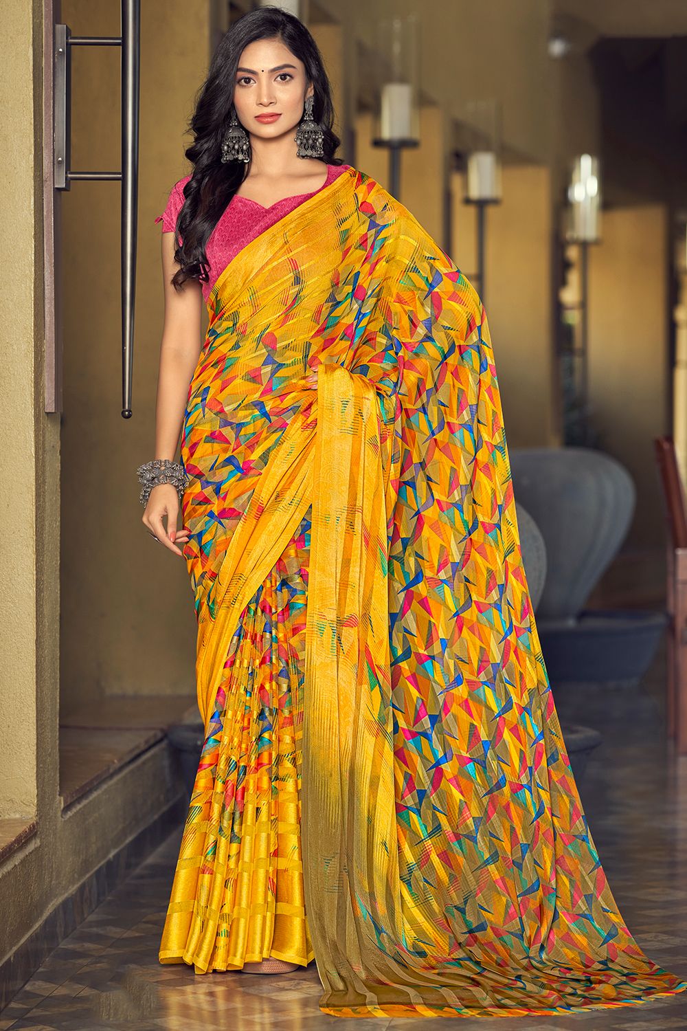 Yellow Printed Silk Saree