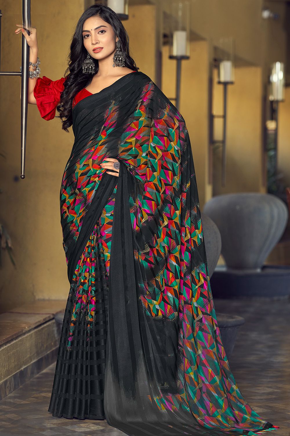 Dusty Black Printed Silk Saree