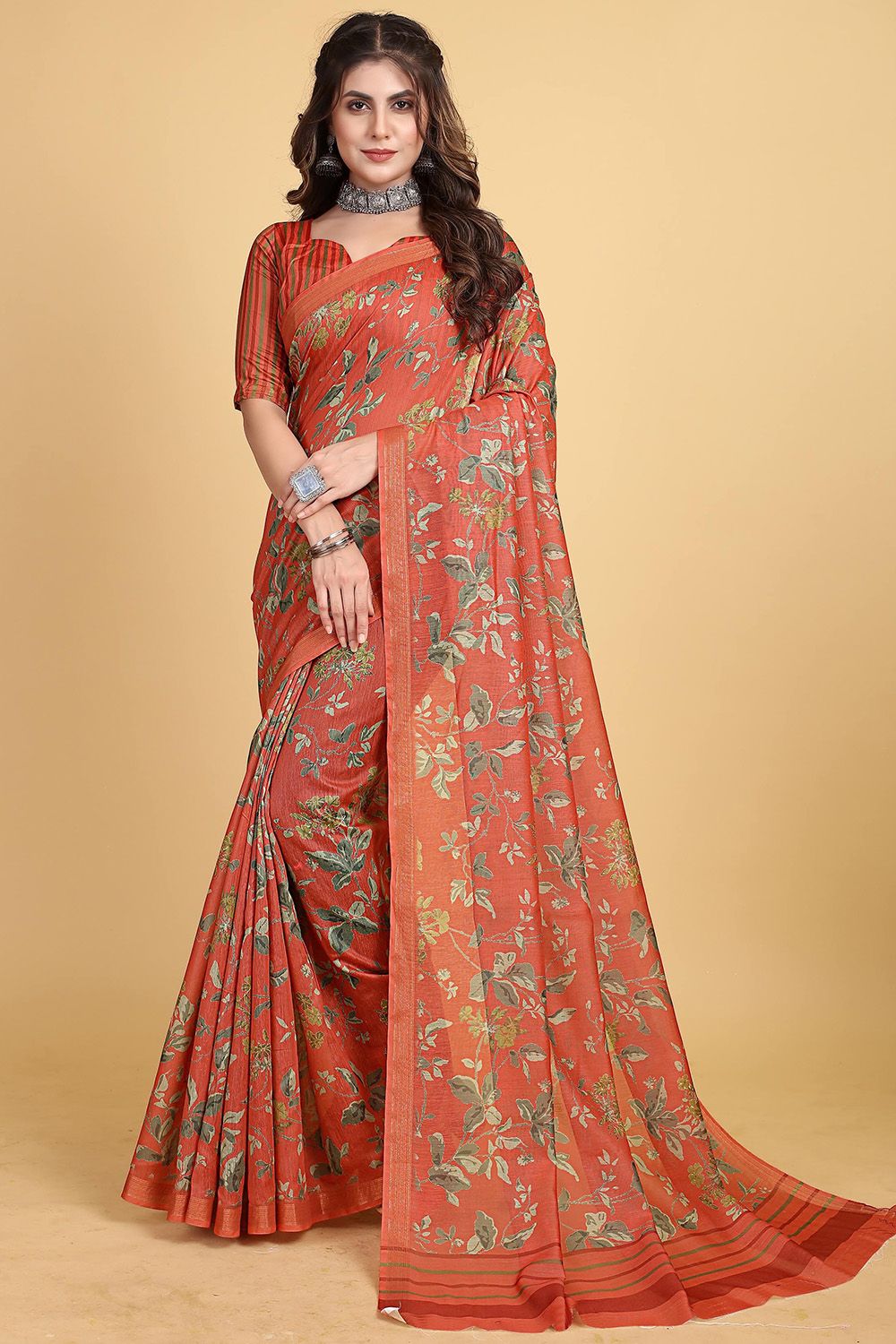 Dusty Orange Floral Printed Chinnon Saree