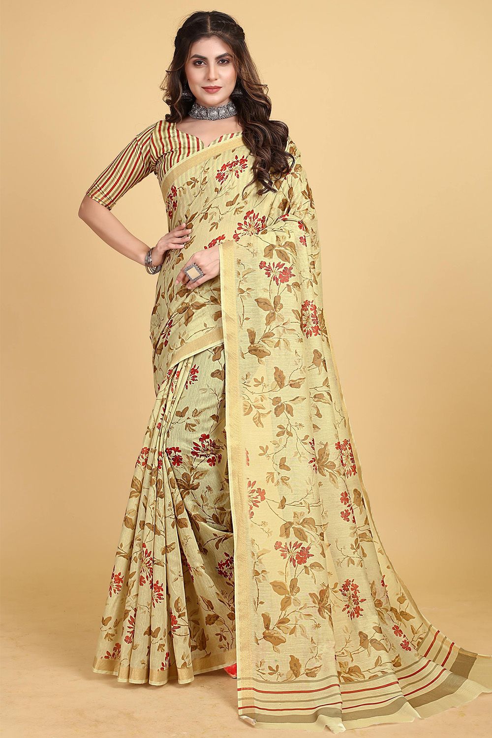 Light Yellow Floral Printed Chinnon Saree