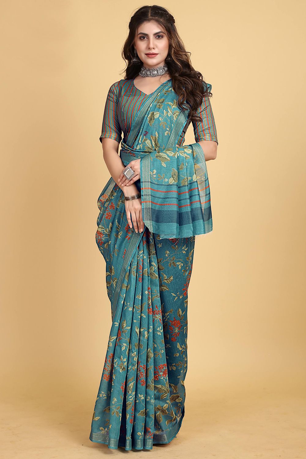 Blue Floral Printed Chinnon Saree