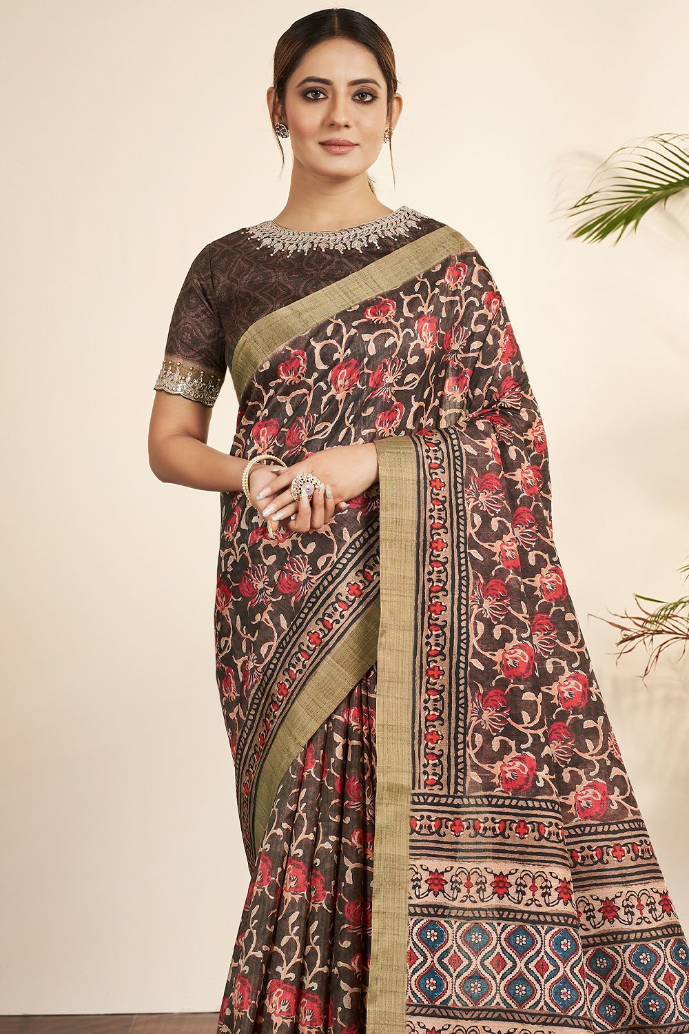 Dark Brown Printed Silk Saree