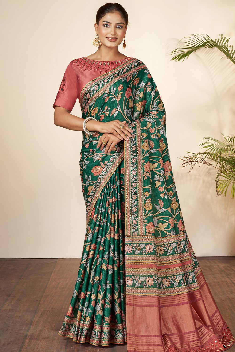 Bottle Green Printed Silk Saree