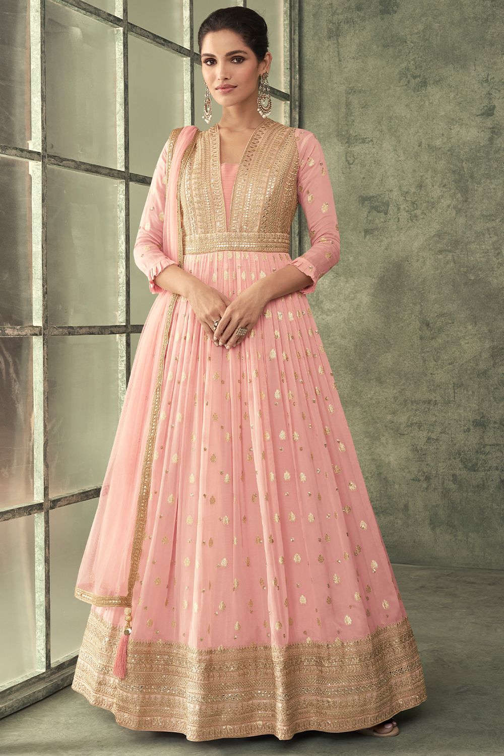Pink Viscose Foil Print Anarkali Suit With Embroidery