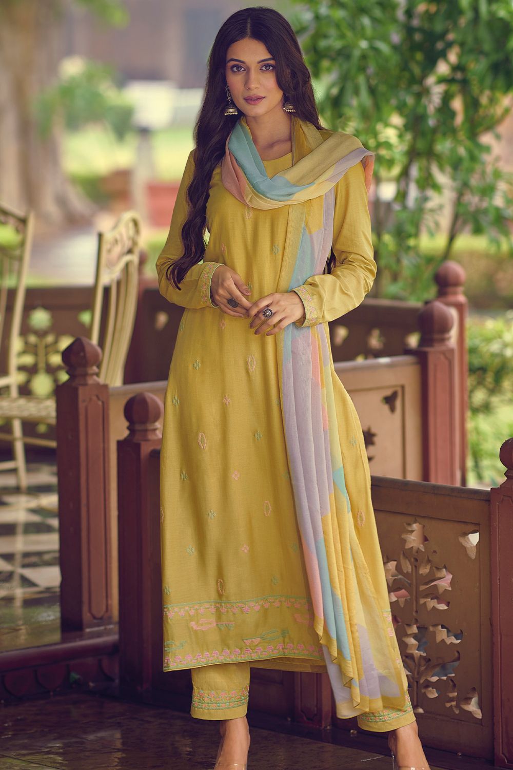 Yellow Muslin Embroidered Salwar Kameez
