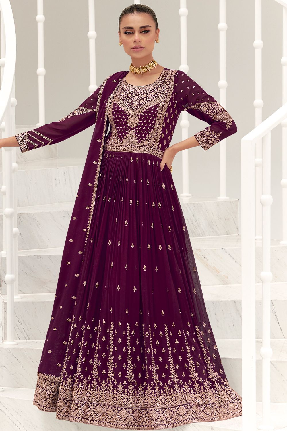 Wine Silk Embroidered Anarkali Suit 
