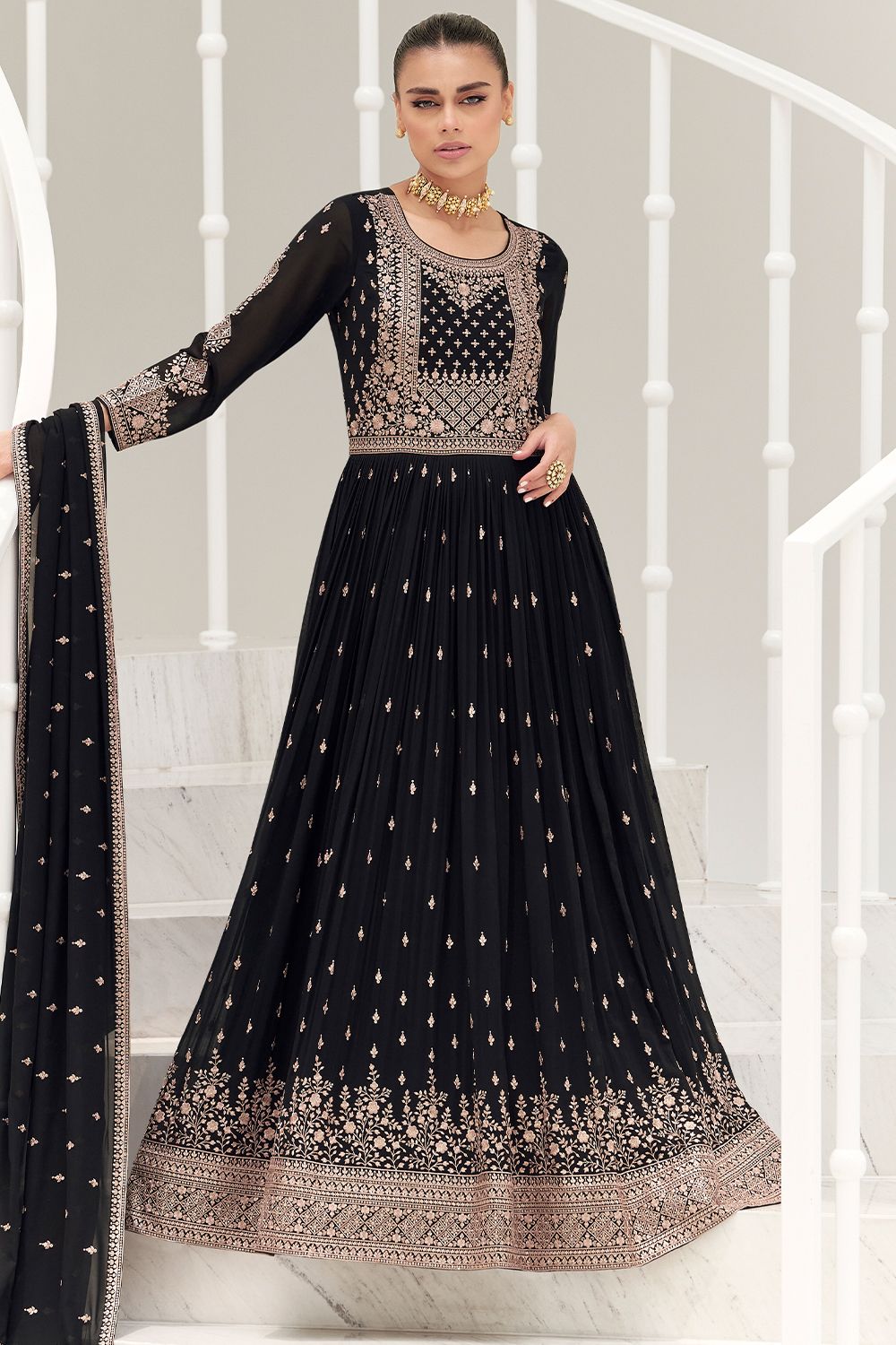 Black Silk Embroidered Anarkali Suit 