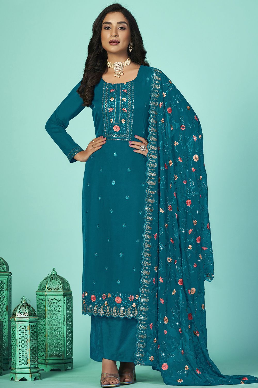 Teal Blue Embroidered Organza Kurta Set with Sequins