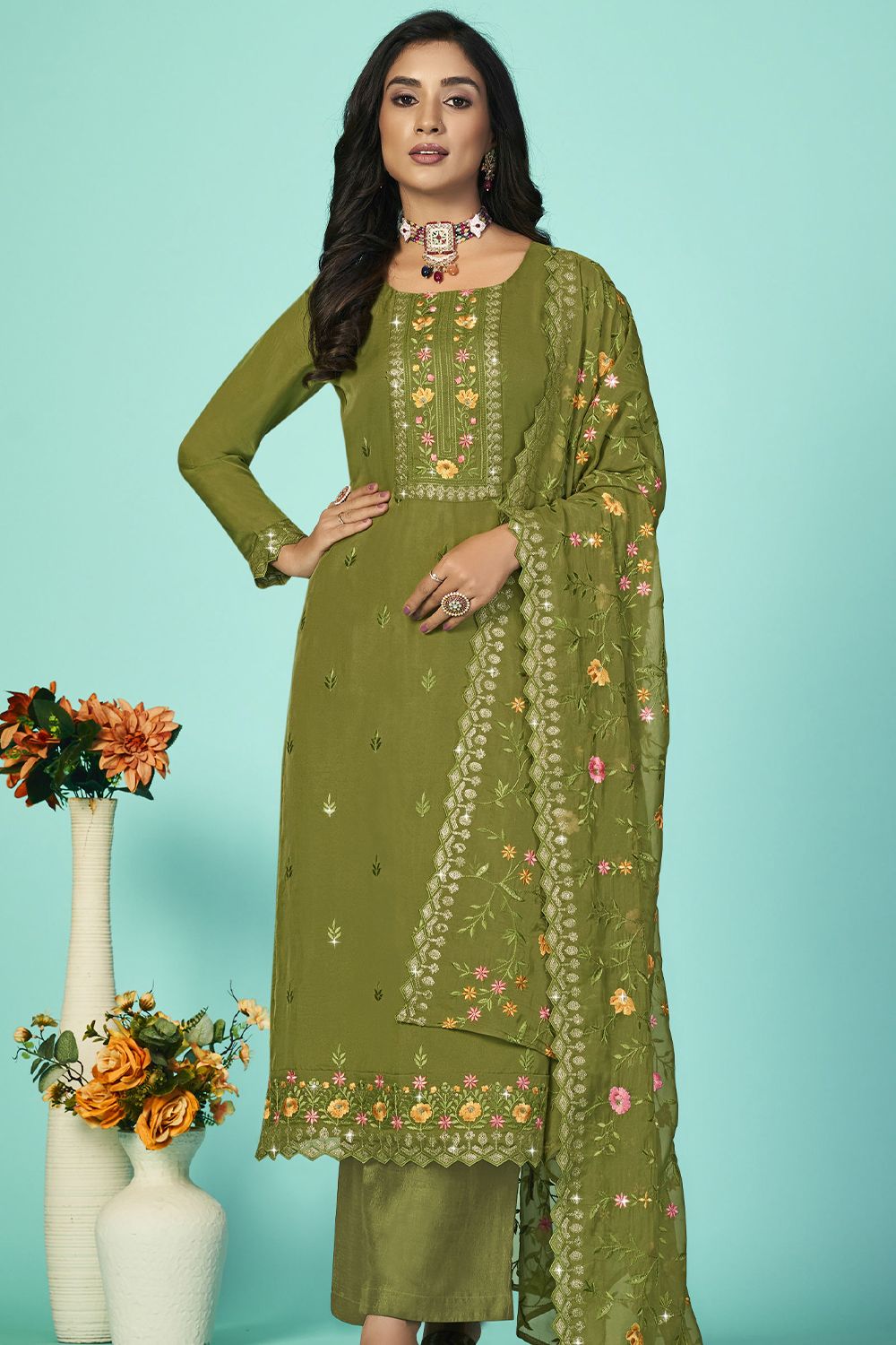 Olive Green Embroidered Organza Kurta Set with Sequins