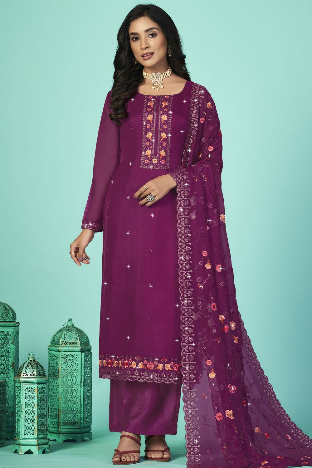 Purple Embroidered Organza Kurta Set with Sequins