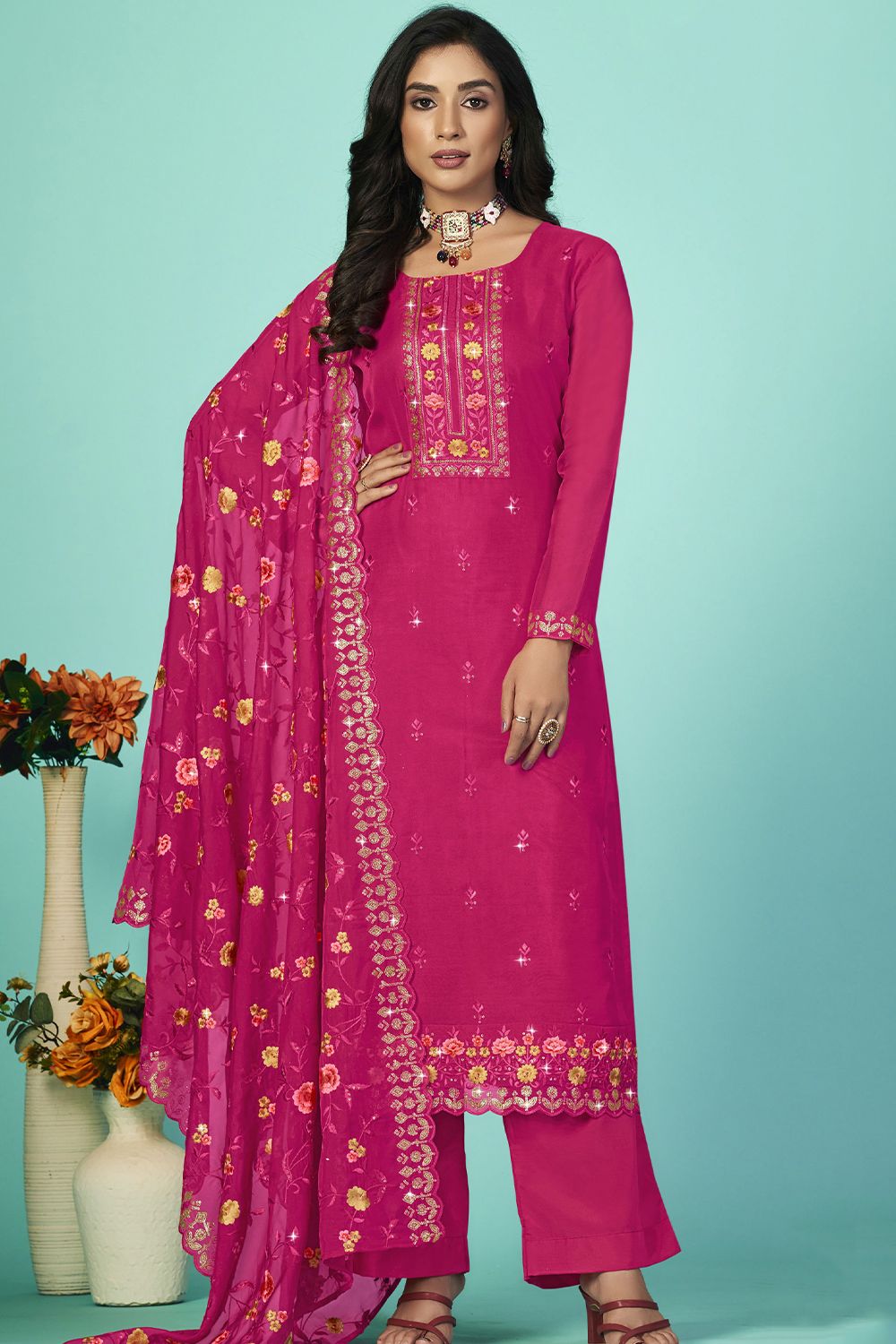 Pink Embroidered Organza Kurta Set with Sequins