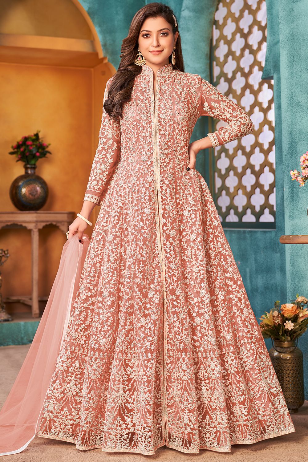 Peach Net Heavy Thread Embroidery Anarkali Suit with Sequins