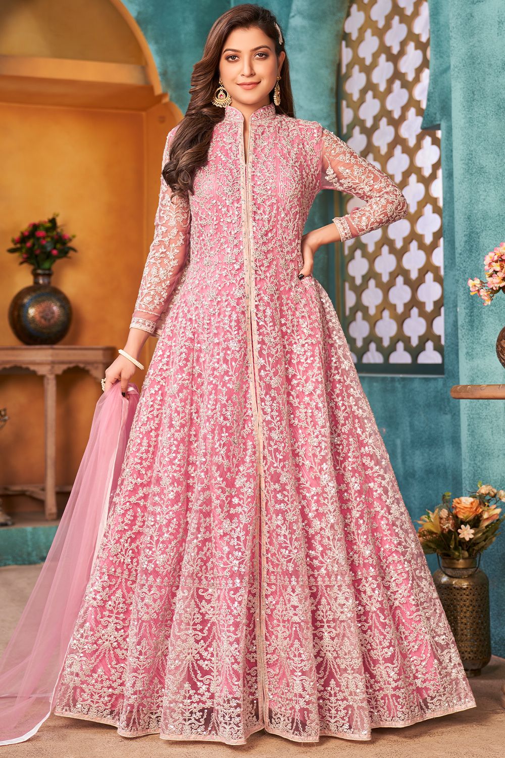 Pink Net Heavy Thread Embroidery Anarkali Suit with Sequins