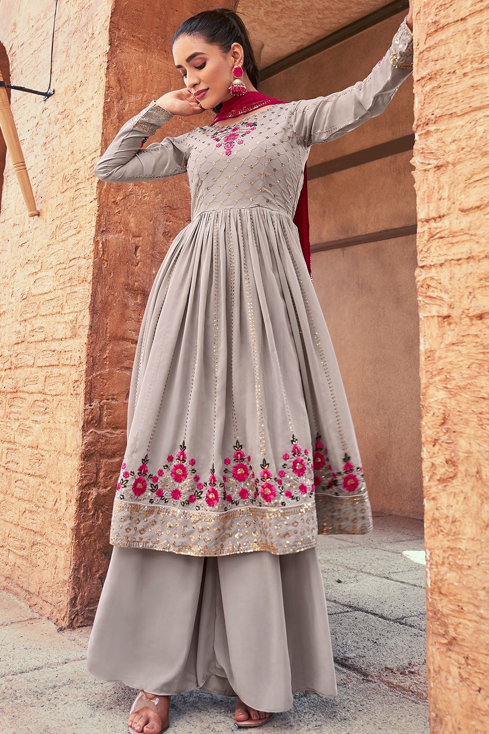 Grey Embroidered Georgette Palazzo Suit