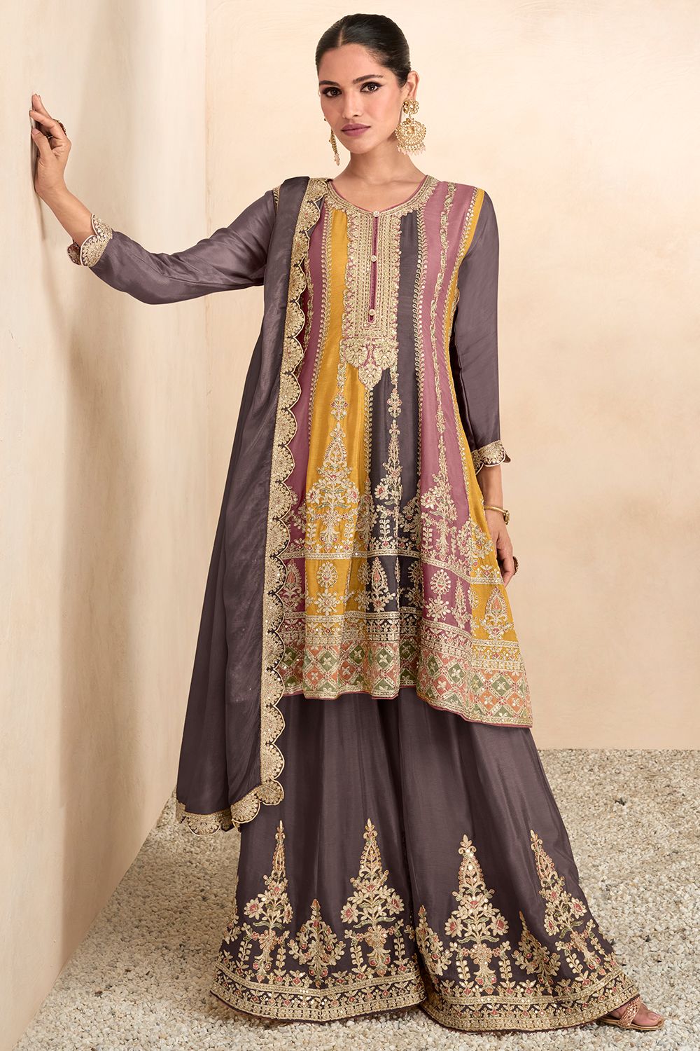  Grey Chinnon Embroidered A- Line Sharara Suit