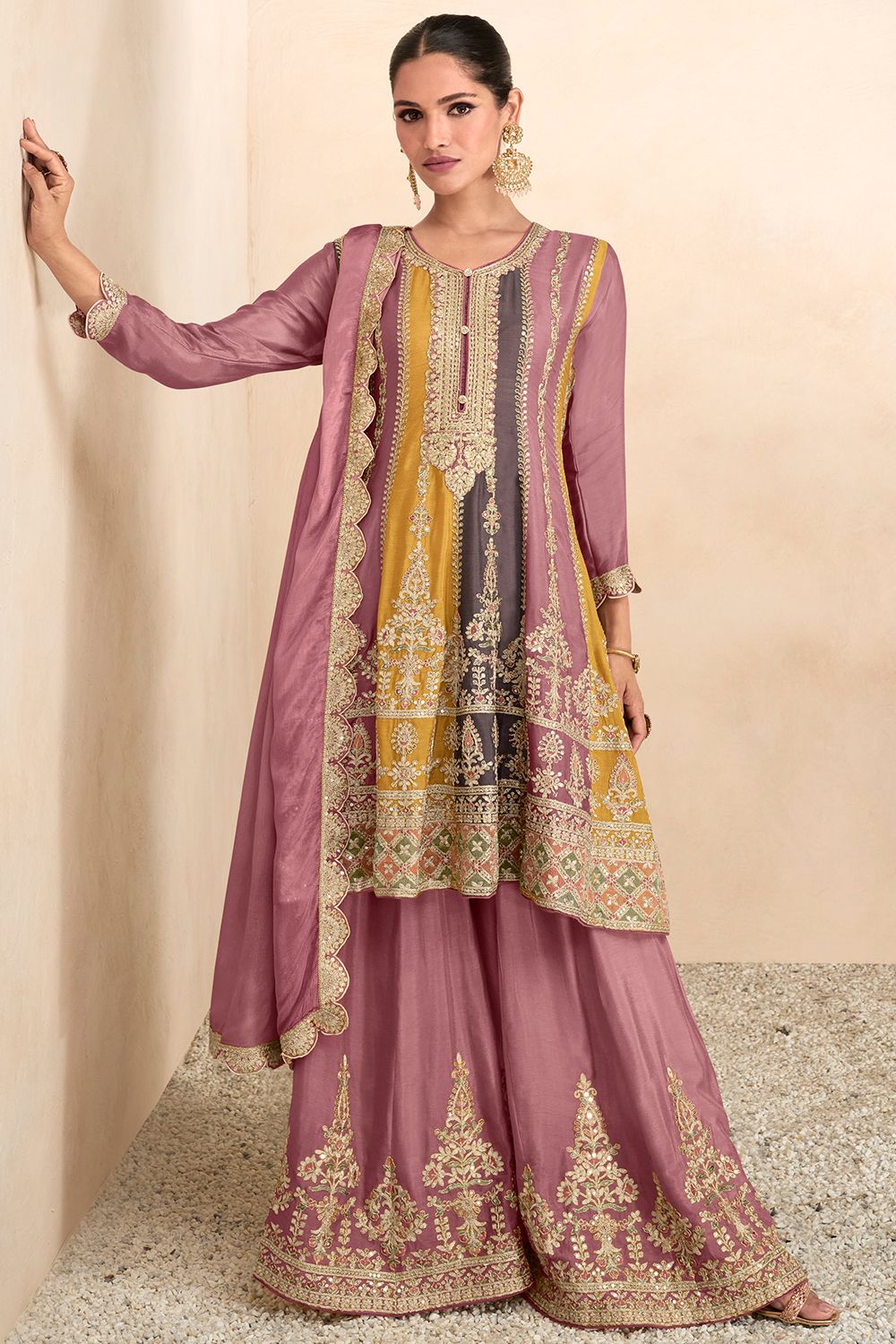  Mauve Chinnon Embroidered A- Line Sharara Suit