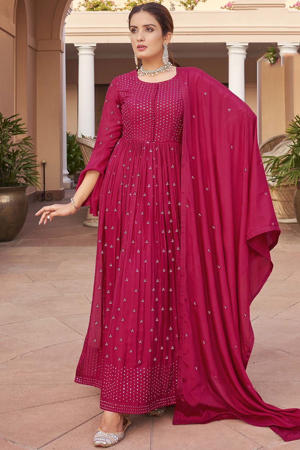 Magenta Pink Chinnon Embelllished Side Slit Anarkali Suit with  Bottom
