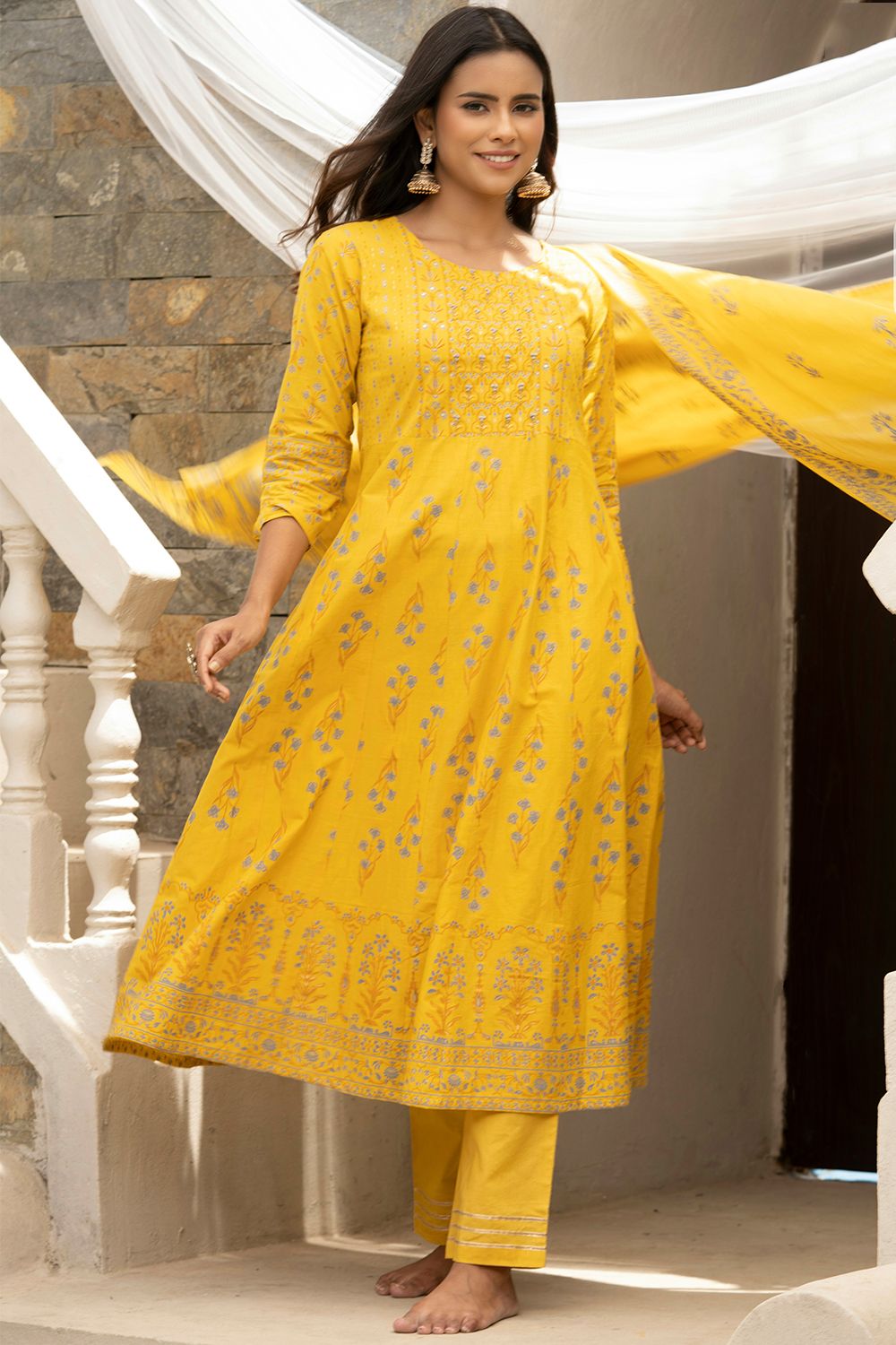 Yellow Cotton Thread Embroidery A- Line Kurta Set 