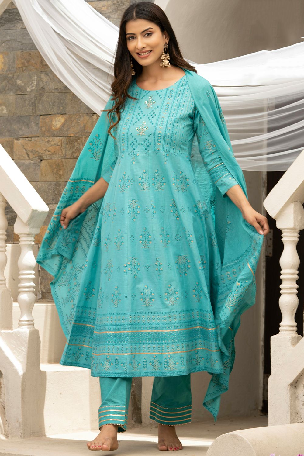 Blue Cotton Thread Embroidery A- Line Kurta Set 