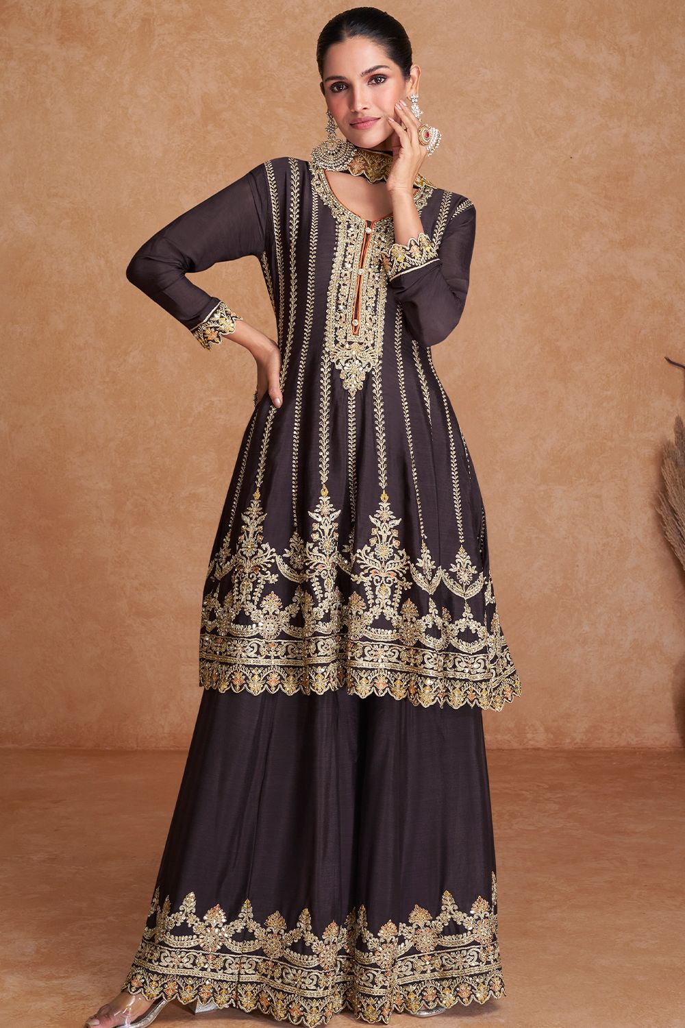 Brown Chinnon A line Sharara Suit with Heavy Embroidery