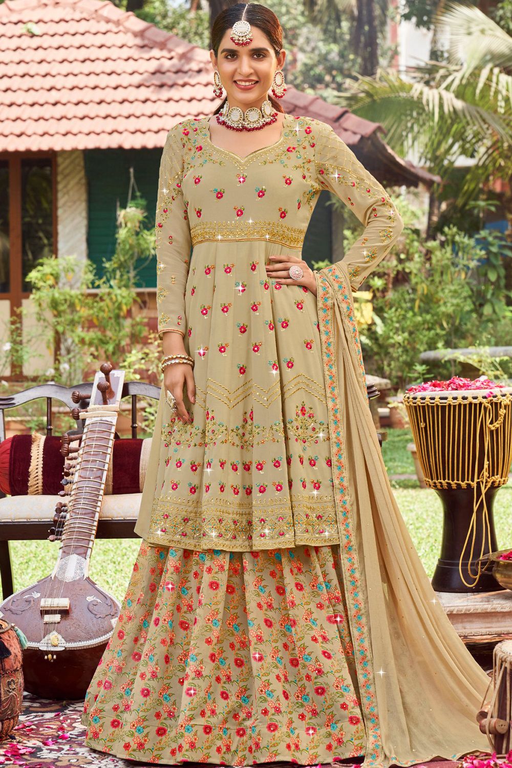 Beige Georgette Traditional Embroidered Lehenga Kurti