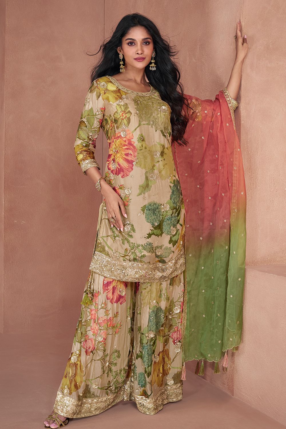 Beige Georgette Sequins Work Printed Gharara Suit 