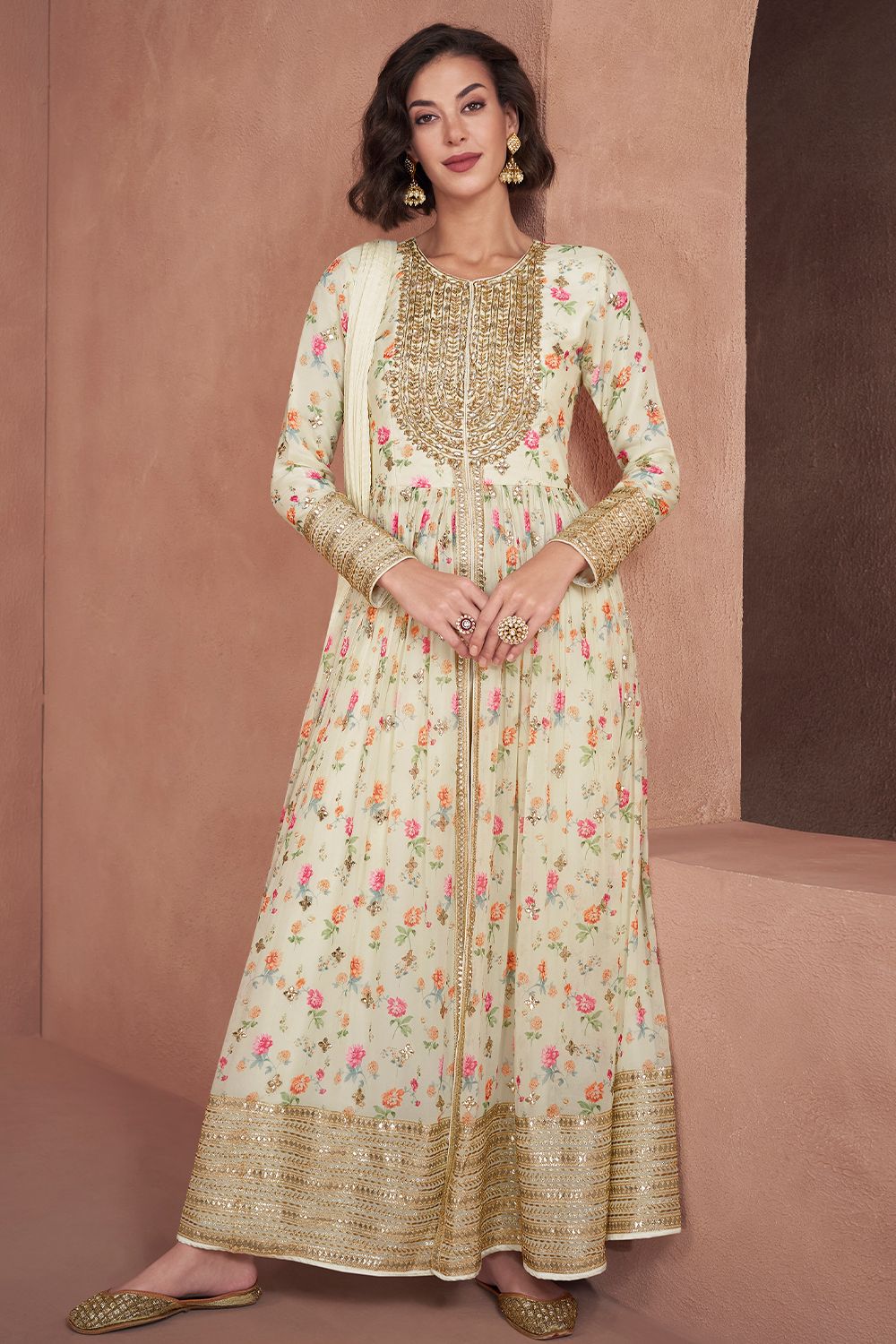 Cream Georgette Mirrow Work Printed Anarkali Suit 