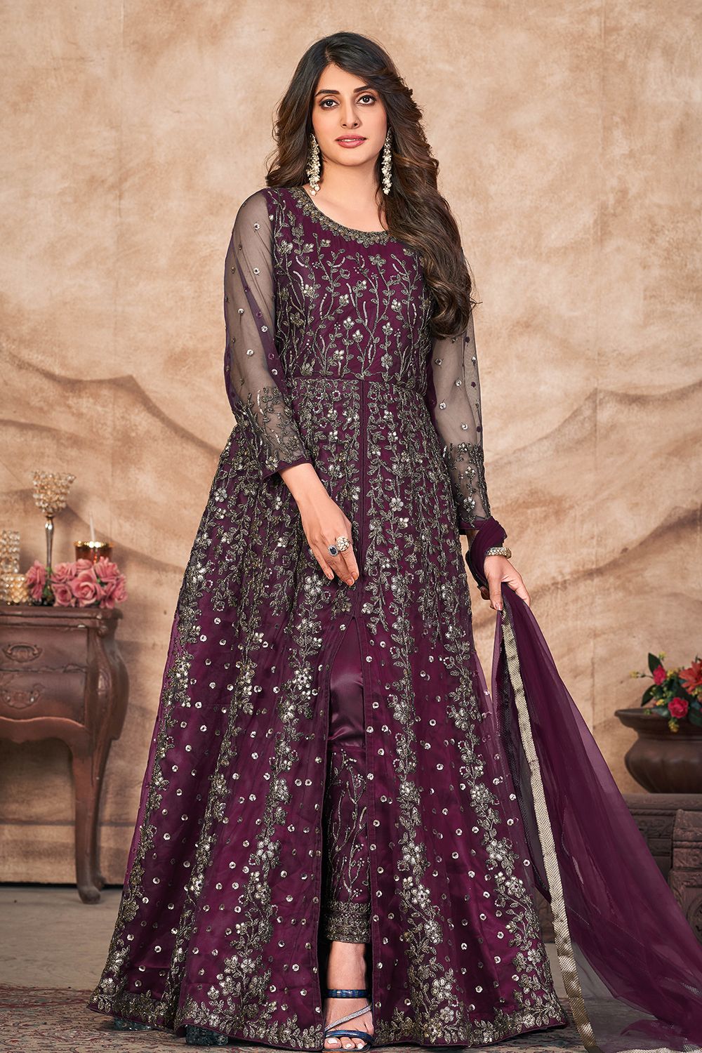 Purple Satin Embroidered Anarkali Suit