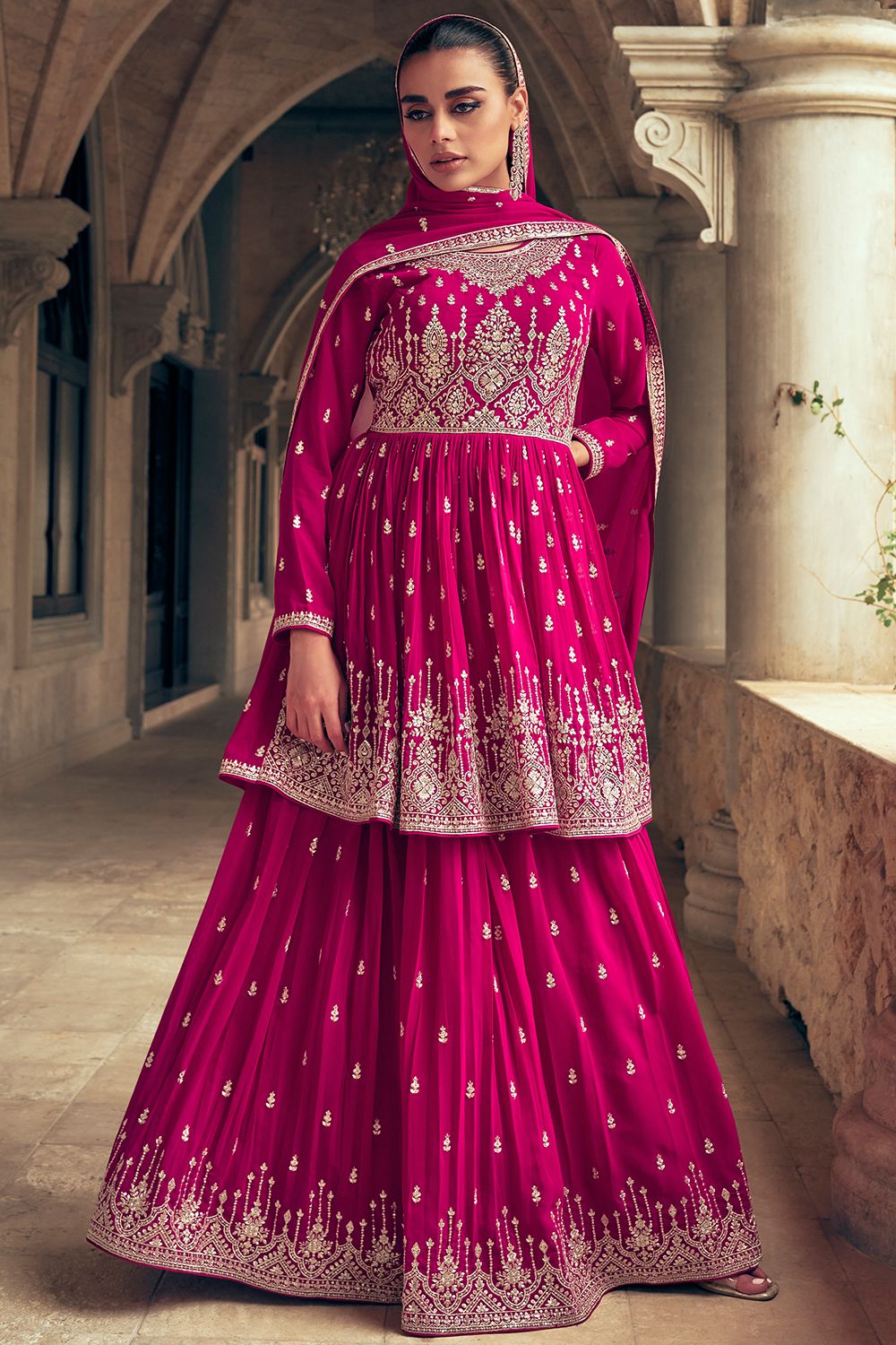 Pink Georgette Embroidered Frock Style Sharara Suit