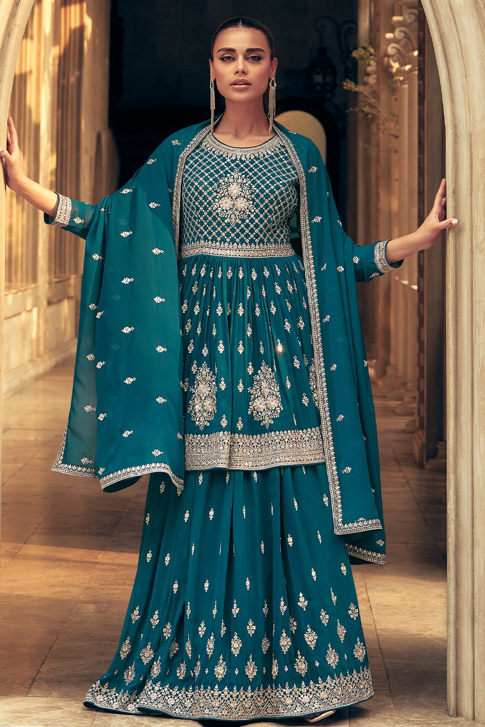 Teal Blue Georgette Embroidered Frock Style Sharara Suit