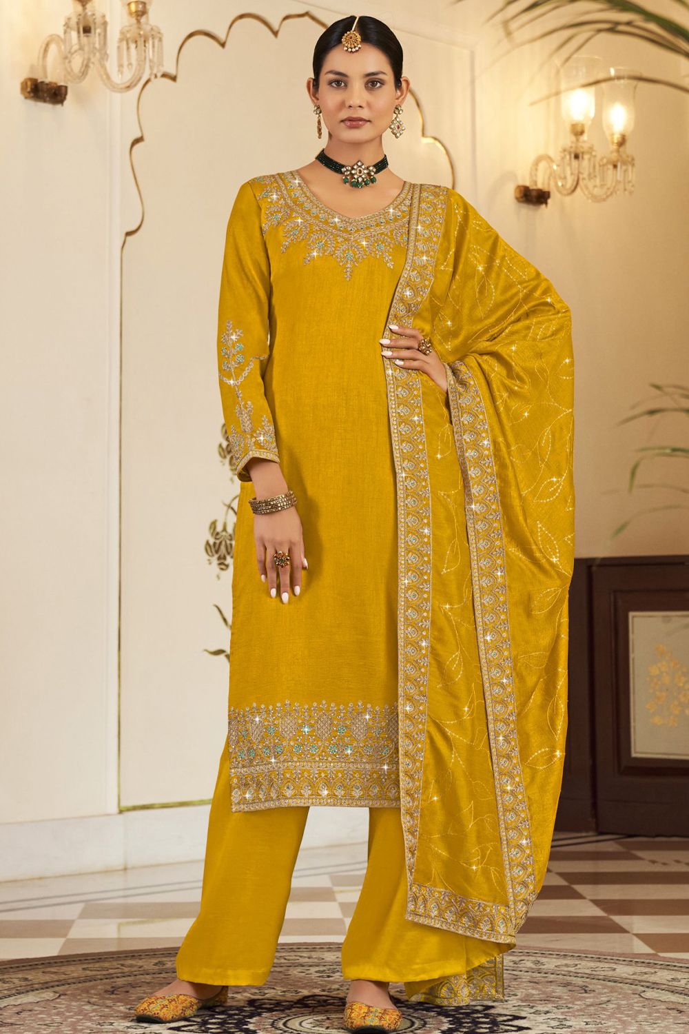 Mustard Yellow Shantoon Embroidered Kurta Set