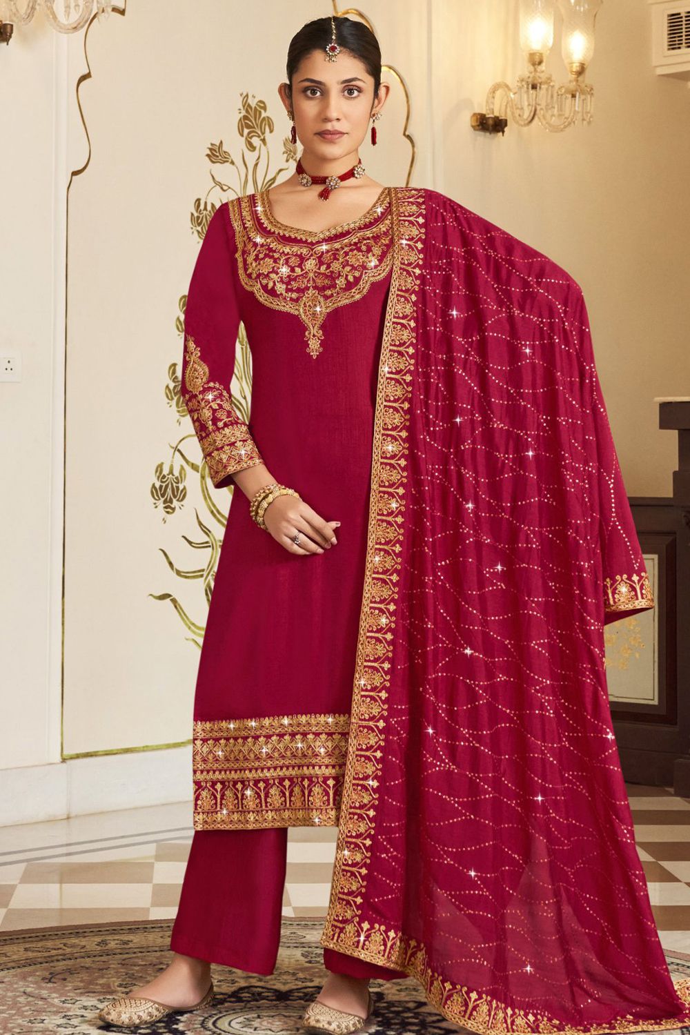 Dark Pink Shantoon Embroidered Kurta Set