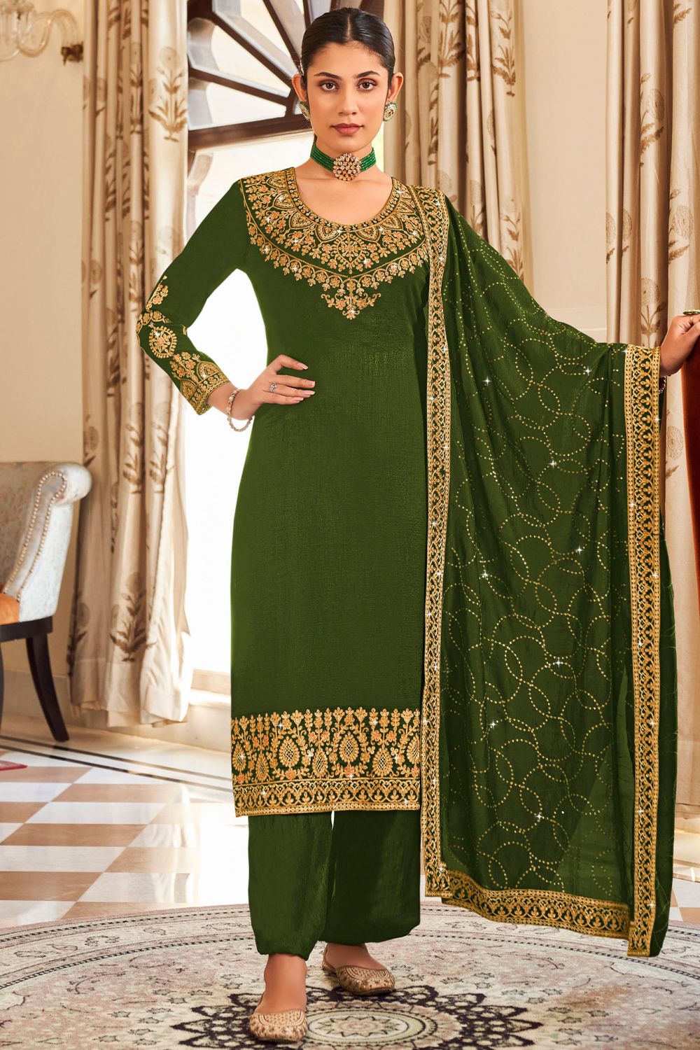 Olive Green Shantoon Embroidered Kurta Set