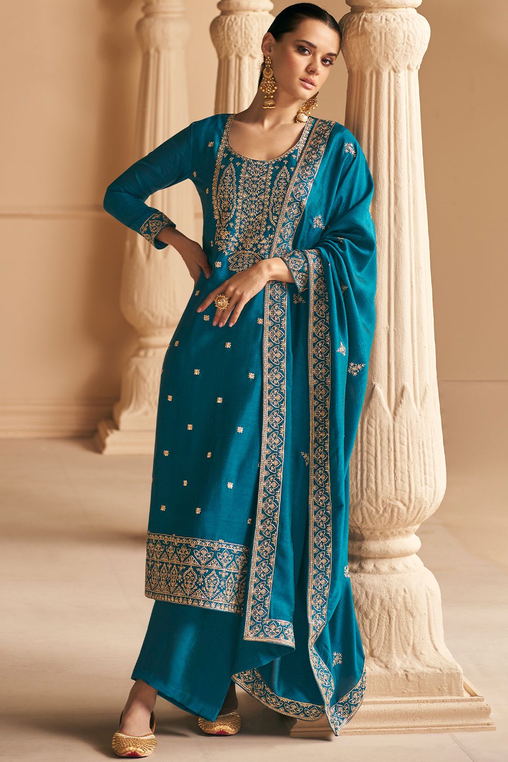 Blue Silk Embroidered Kurta Set