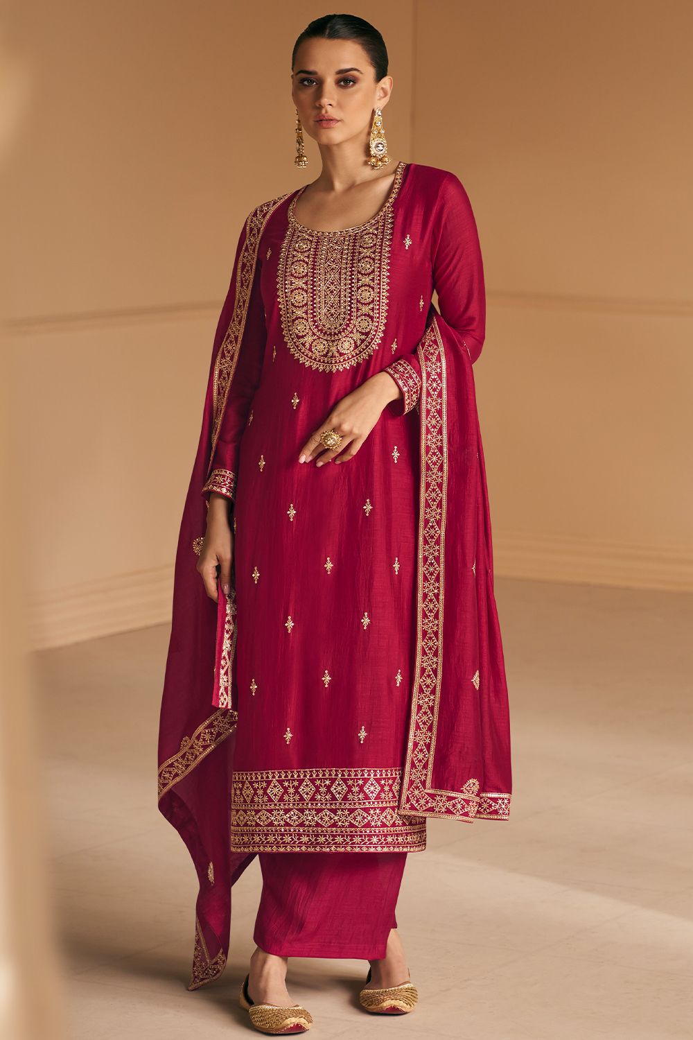 Red Silk Embroidered Kurta Set
