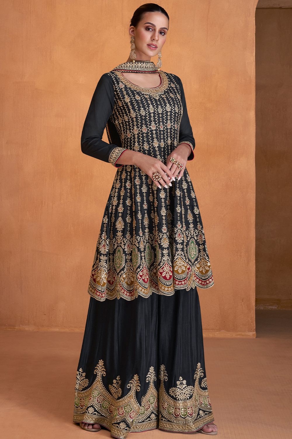 Black Chinnon A line Sharara Suit with Heavy Embroidery